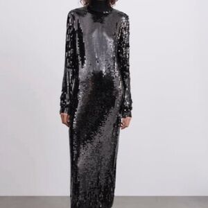 Zara Black Sequin Long Sleeve Dress Limited Edition
